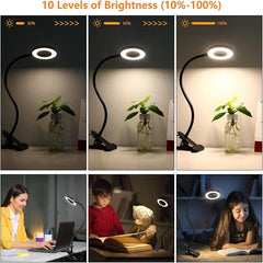 Reading Desk Lamp Bed Dimmable, 3 Modes & 10 Dimming Levels USB Clamp Lamps 360° Flexible Book Clip