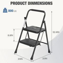 JHK Folding 2/3 Step Ladder Stool with Anti-Slip Pedal 800lbs Capacity Sturdy Steel Portable Cushioned Handle for Kitchen Home