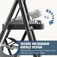 JHK Folding 2/3 Step Ladder Stool with Anti-Slip Pedal 800lbs Capacity Sturdy Steel Portable Cushioned Handle for Kitchen Home