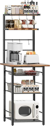 6-Tier Standing Baker's Racks with Storage, Microwave Stand with Shelf, Thin Baker Rack with 6 S Hooks,Wire Basket, for Kitchen,