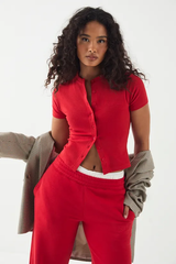 DSGN Studio Script Embroidery Ribbed Button Through Short Sleeve Top