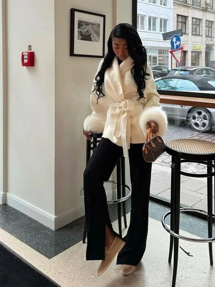 Elegant Lace Up Woolen Short Coat Solid Loose Lapel Furry Belt Long Sleeve Female Jacket 2025 Autumn Winter Lady Chic Cardigan