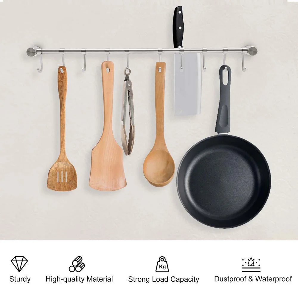 Bymaocar Utensil Rack 20 Inch Kitchen Hanger Holder Wall-mounted Hanging Rail Rod with 10 Sliding Hooks Storage & Organization