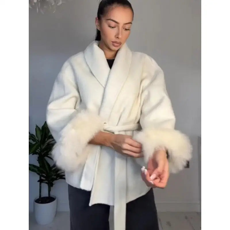 Elegant Lace Up Woolen Short Coat Solid Loose Lapel Furry Belt Long Sleeve Female Jacket 2025 Autumn Winter Lady Chic Cardigan