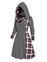 Knitted hooded dress plaid print stitching fake buckle high waist long sleeve A-line dress female