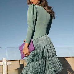 French Elegant Deep V Neck Slim Prom Dresses 2025 Spring Solid Spliced Tassel Long Dress Woman Long Sleeve New Autumn Maxi Dress