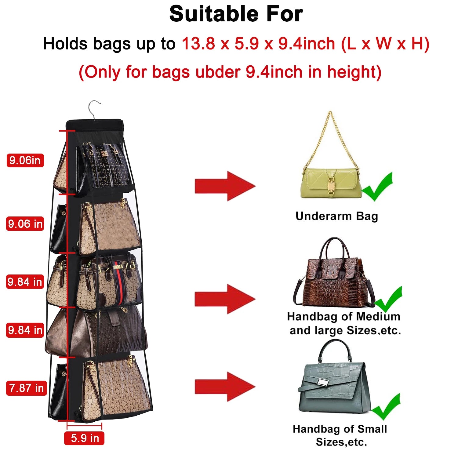 10 Pockets Hanging Purse Handbag Organizer Clear Hanging Shelf Bag Collection Storage Holder Bag Wardrobe Closet Space Saving