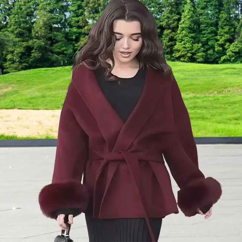 Elegant Lace Up Woolen Short Coat Solid Loose Lapel Furry Belt Long Sleeve Female Jacket 2025 Autumn Winter Lady Chic Cardigan