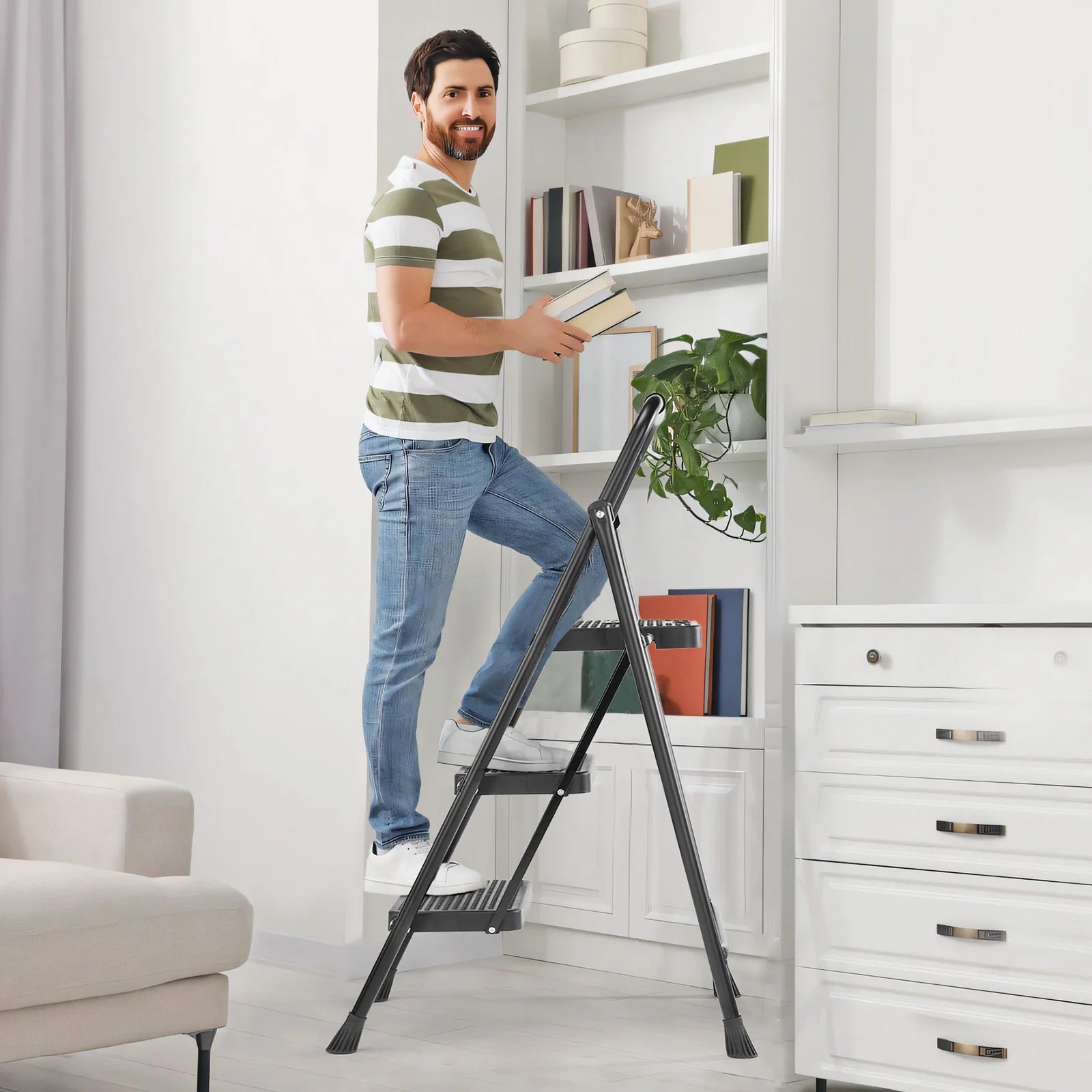 JHK Folding 2/3 Step Ladder Stool with Anti-Slip Pedal 800lbs Capacity Sturdy Steel Portable Cushioned Handle for Kitchen Home
