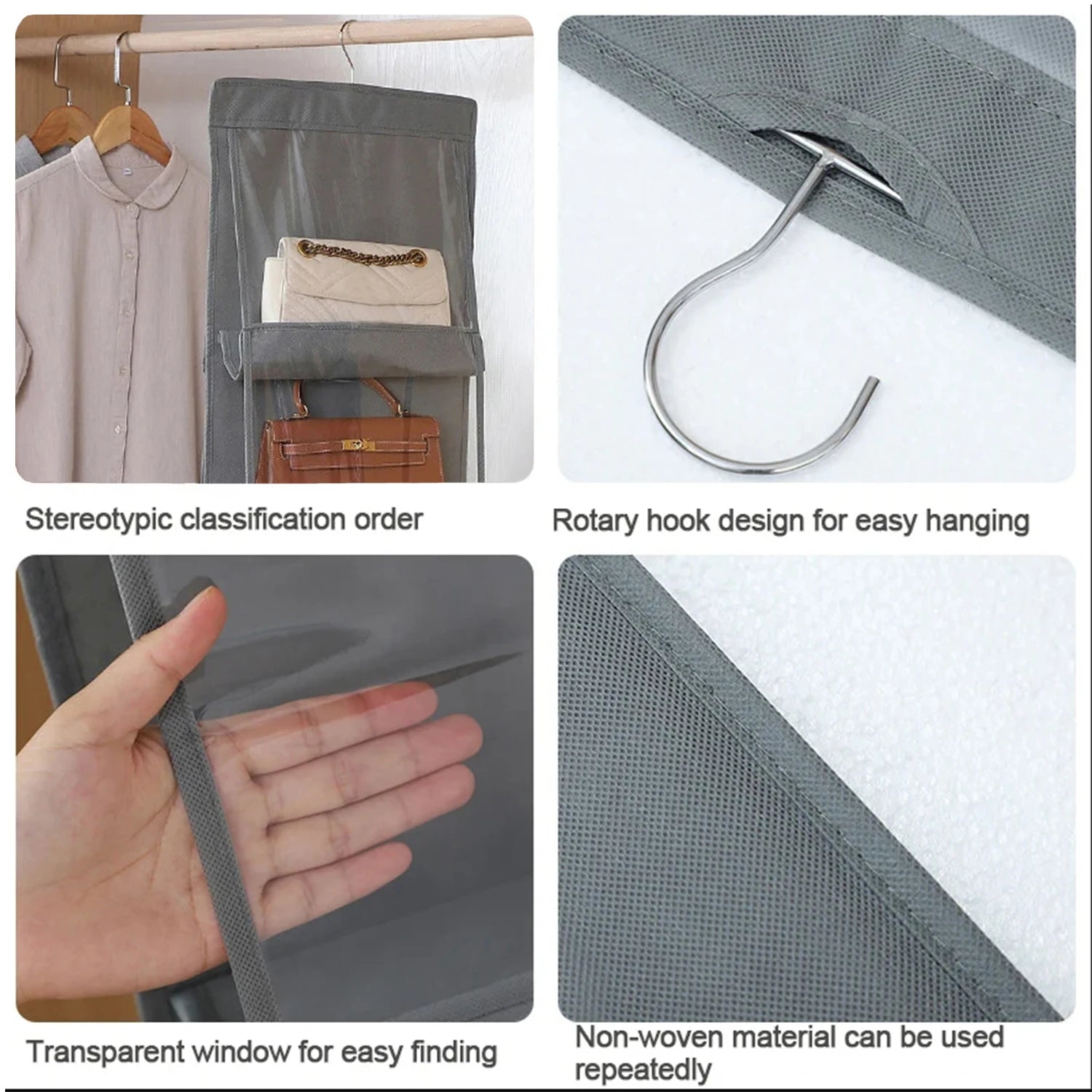 10 Pockets Hanging Purse Handbag Organizer Clear Hanging Shelf Bag Collection Storage Holder Bag Wardrobe Closet Space Saving