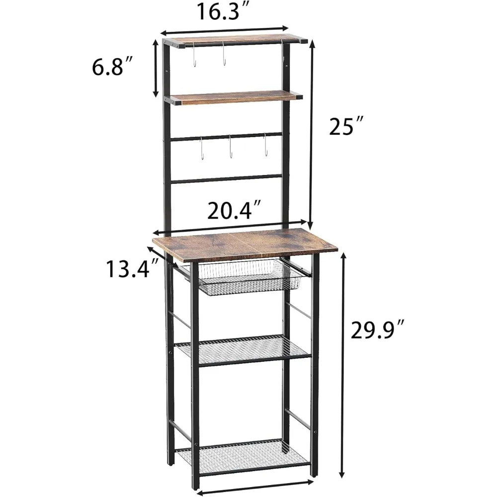6-Tier Standing Baker's Racks with Storage, Microwave Stand with Shelf, Thin Baker Rack with 6 S Hooks,Wire Basket, for Kitchen,