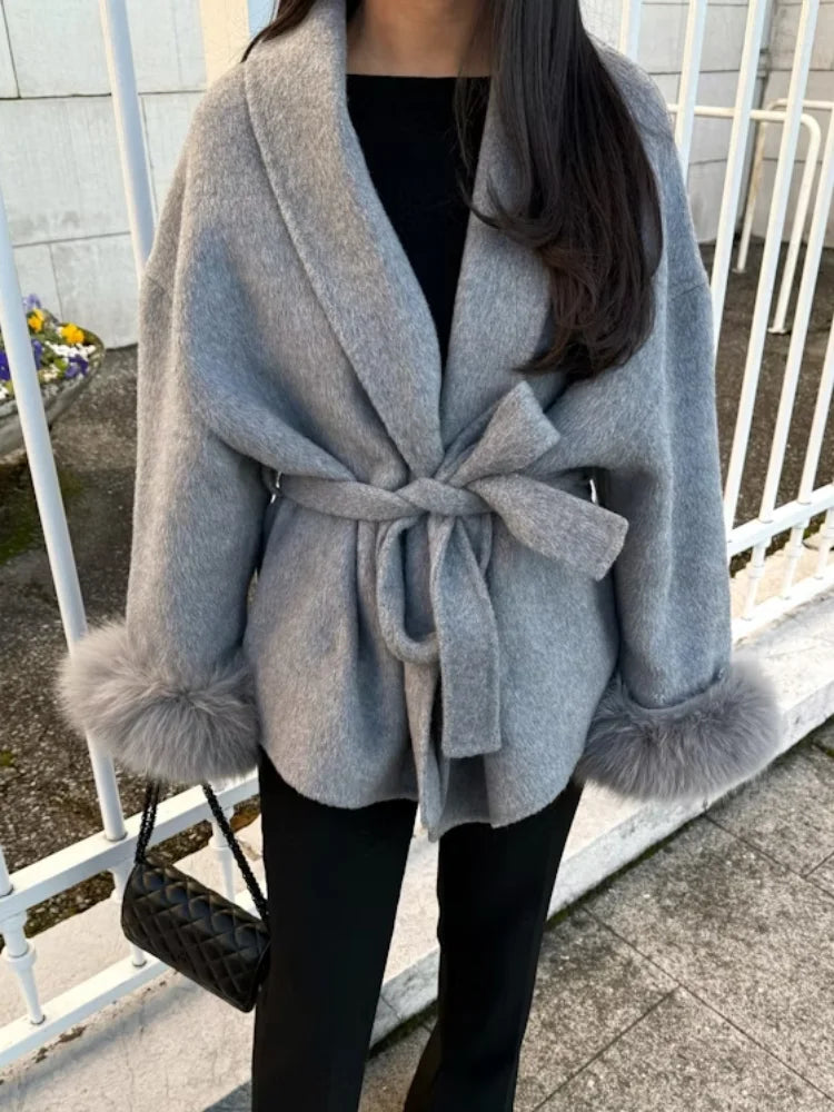Elegant Lace Up Woolen Short Coat Solid Loose Lapel Furry Belt Long Sleeve Female Jacket 2025 Autumn Winter Lady Chic Cardigan