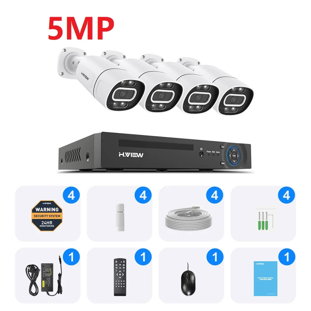 H.View 4K 5Mp 8Mp poe Cctv Security Camera System Home Video Surveillance Kit 8Ch Nvr Audio Outdoor Ip Camera xmeye app
