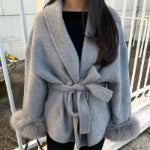 Elegant Lace Up Woolen Short Coat Solid Loose Lapel Furry Belt Long Sleeve Female Jacket 2025 Autumn Winter Lady Chic Cardigan