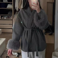 Elegant Lace Up Woolen Short Coat Solid Loose Lapel Furry Belt Long Sleeve Female Jacket 2025 Autumn Winter Lady Chic Cardigan