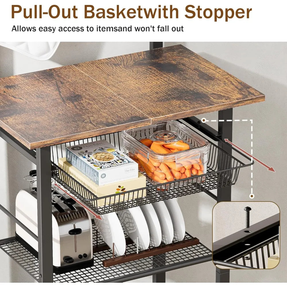 6-Tier Standing Baker's Racks with Storage, Microwave Stand with Shelf, Thin Baker Rack with 6 S Hooks,Wire Basket, for Kitchen,
