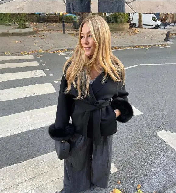 Elegant Lace Up Woolen Short Coat Solid Loose Lapel Furry Belt Long Sleeve Female Jacket 2025 Autumn Winter Lady Chic Cardigan