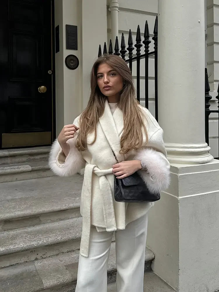 Elegant Lace Up Woolen Short Coat Solid Loose Lapel Furry Belt Long Sleeve Female Jacket 2025 Autumn Winter Lady Chic Cardigan