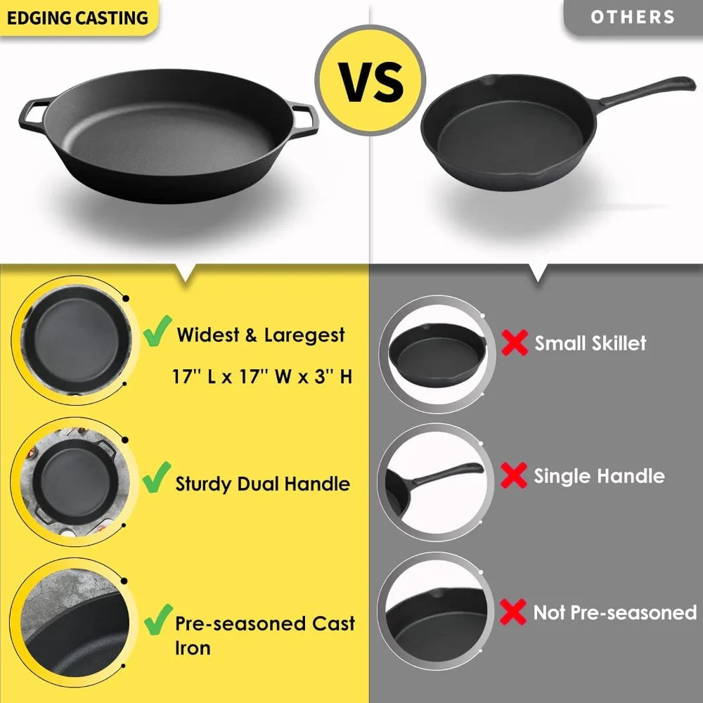 Large 17-Inch Pre-Seasoned Cast Iron Skillet with Dual Handles for Outdoor Camping, Frying, Pizza Cooking, and Use on Grills, St