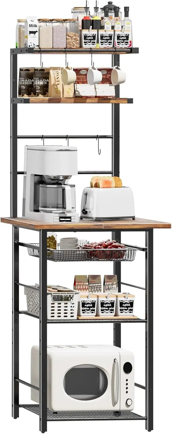 6-Tier Standing Baker's Racks with Storage, Microwave Stand with Shelf, Thin Baker Rack with 6 S Hooks,Wire Basket, for Kitchen,