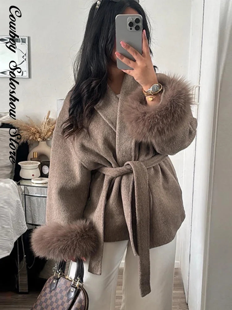 Elegant Lace Up Woolen Short Coat Solid Loose Lapel Furry Belt Long Sleeve Female Jacket 2025 Autumn Winter Lady Chic Cardigan