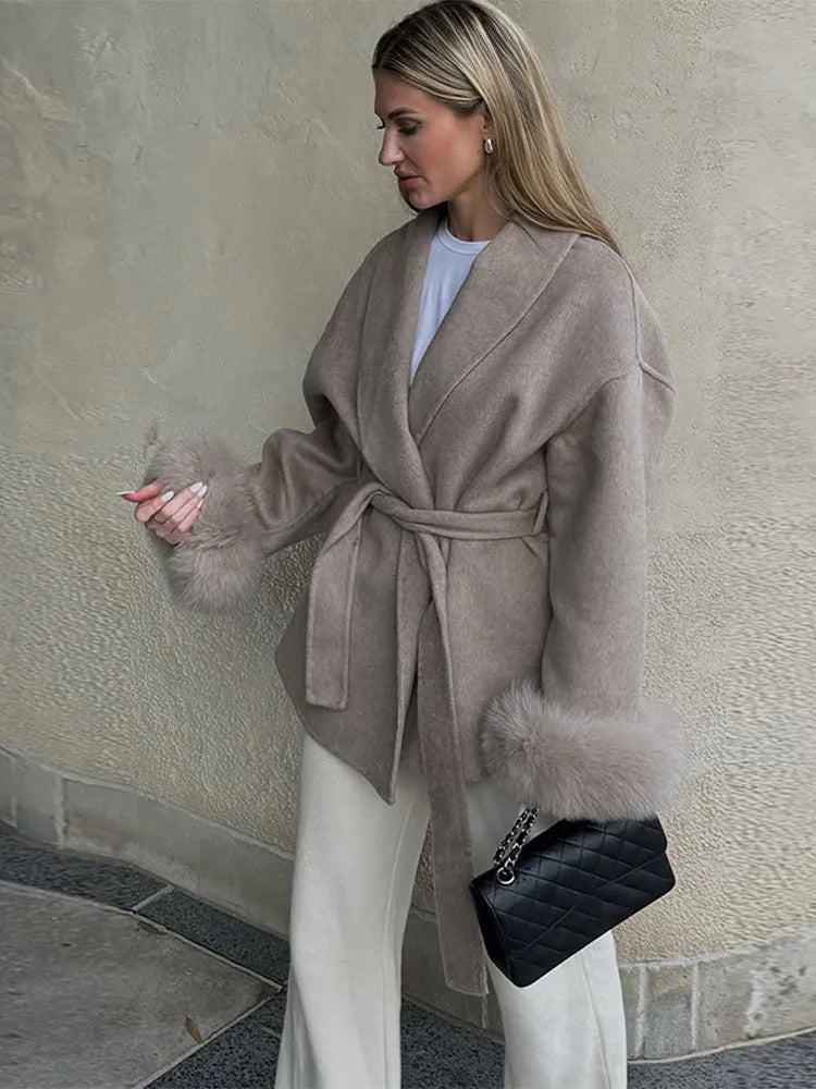 Elegant Lace Up Woolen Short Coat Solid Loose Lapel Furry Belt Long Sleeve Female Jacket 2025 Autumn Winter Lady Chic Cardigan