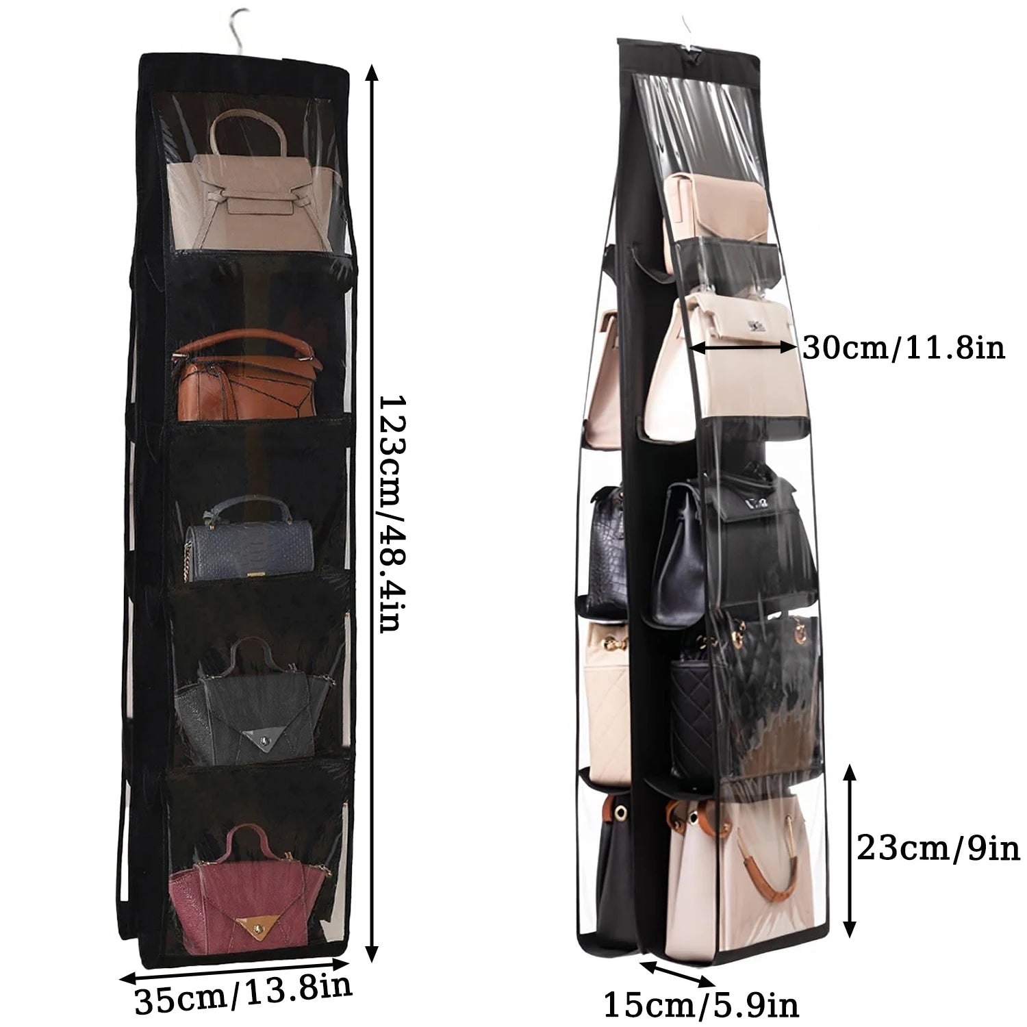 10 Pockets Hanging Purse Handbag Organizer Clear Hanging Shelf Bag Collection Storage Holder Bag Wardrobe Closet Space Saving