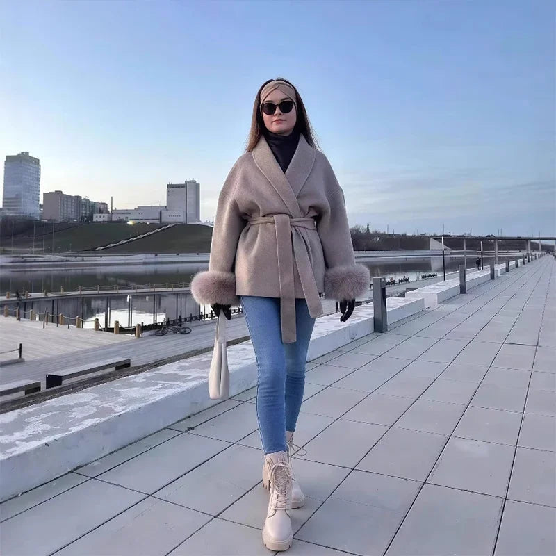 Elegant Lace Up Woolen Short Coat Solid Loose Lapel Furry Belt Long Sleeve Female Jacket 2025 Autumn Winter Lady Chic Cardigan